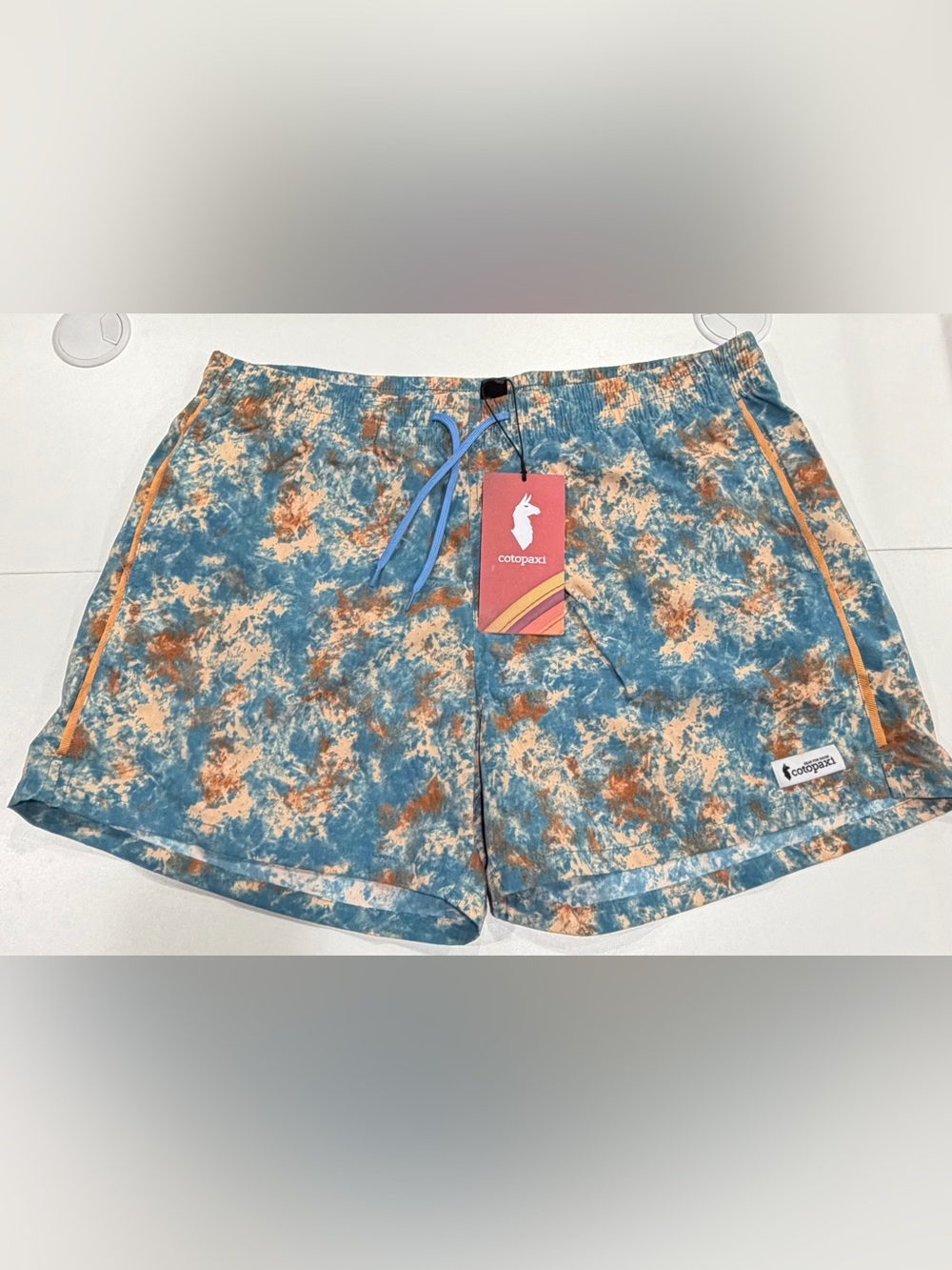 Cotopaxi Men's XL Brinco Shorts 5 inch inseam Blue Orange Pattern NWT Lined